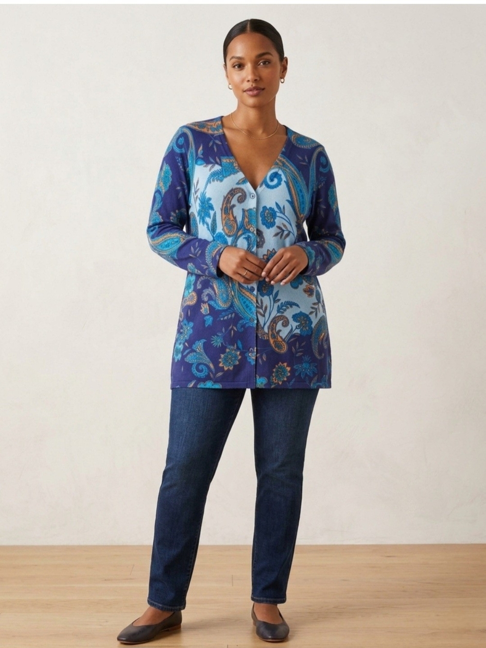 Isaac Mizrahi Blue Paisley V-Neck Button Cardigan